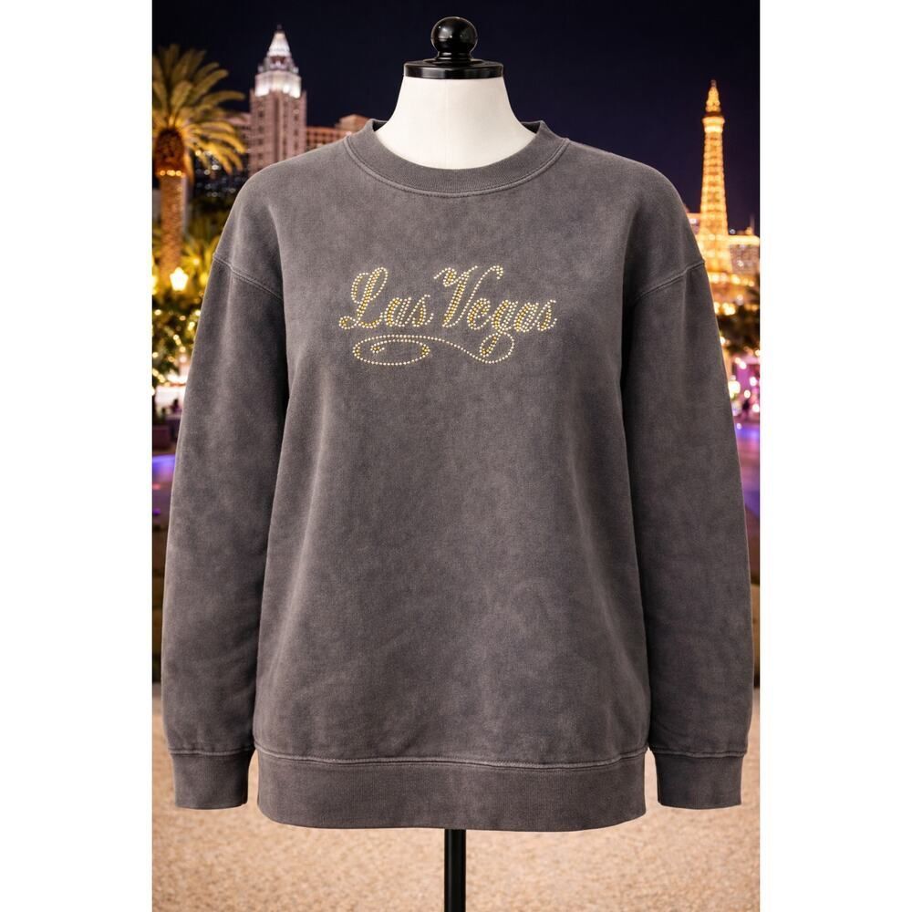 Vintage Las Vegas Rhinestone Sweatshirt Small ALSTYLE Gray Crewneck Sweatshirt S